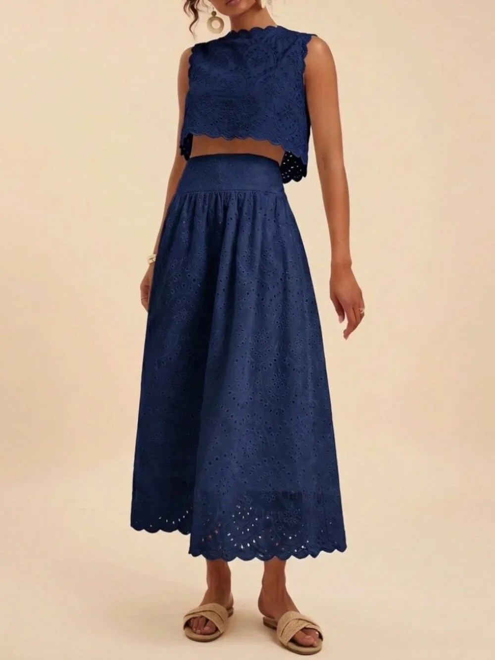 Navy Eyelet Embroidered Scalloped Crop Top & Maxi Skirt Set